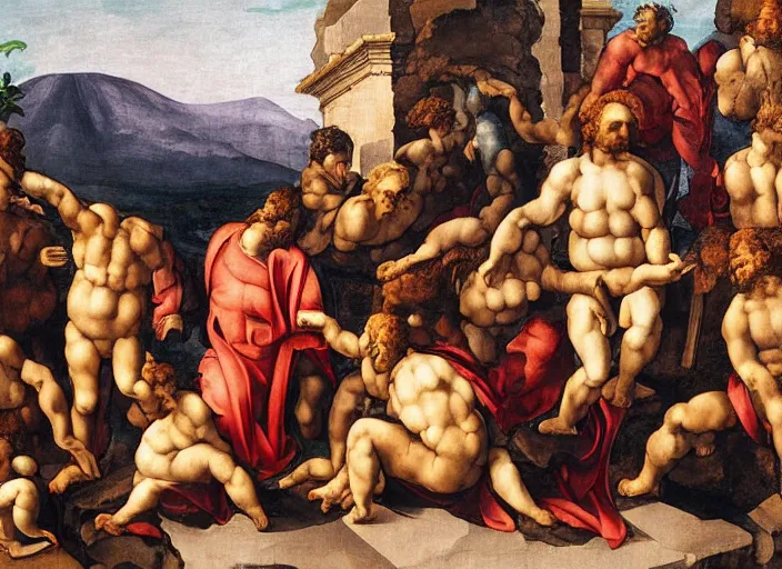 Image similar to detailed painting of average greeks drink wine and have fun against the backdrop of mount vesuvius starting to erupt by michelangelo