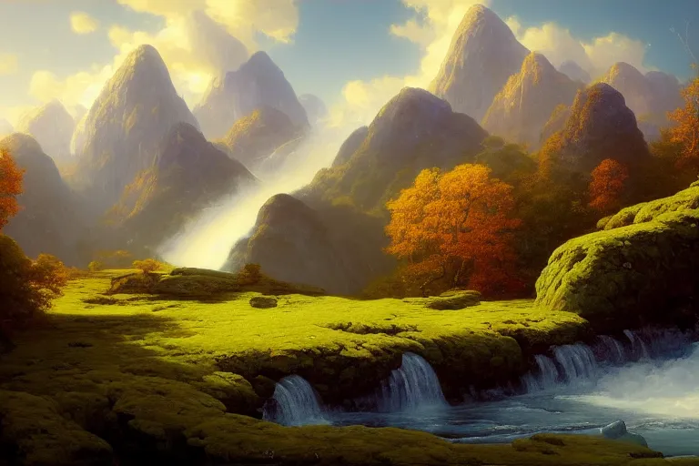 Image similar to a beautiful painting of a serene mountain landscape with a stream of magical blue wind coming from a rift, by andreas rocha john howe, and martin johnson heade, featured on artstation, featured on behance, ultrawide angle, f 1 6, golden ratio, well composed, cohesive