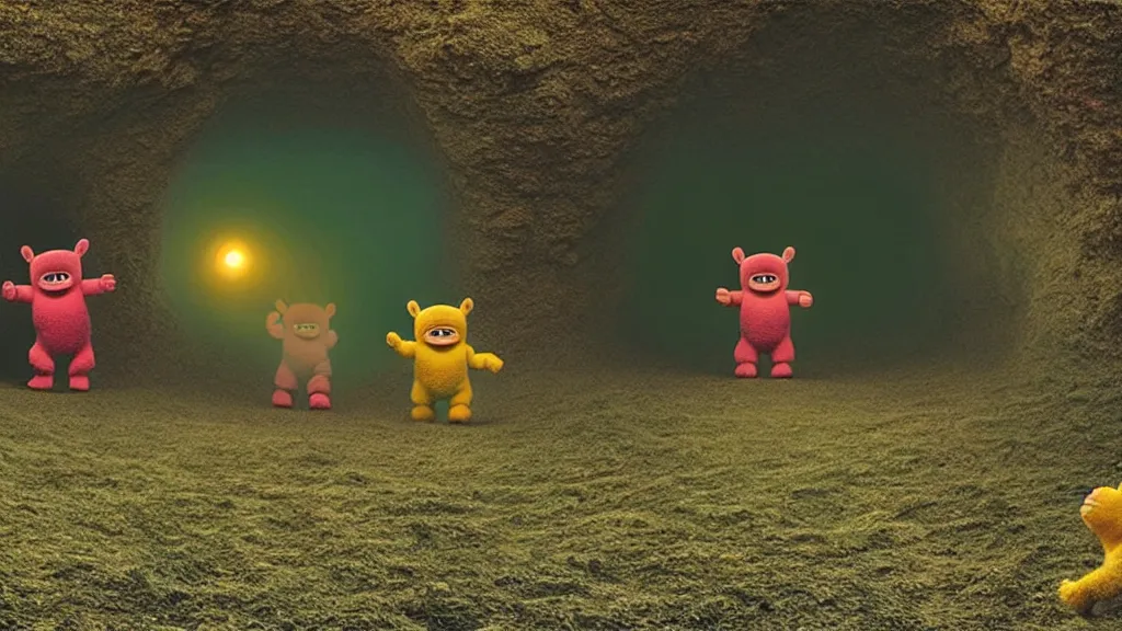 Image similar to Deranged Teletubbies form a cave out of their bodies , film still from the movie directed by Denis Villeneuve with art direction by Zdzisław Beksiński, wide lens