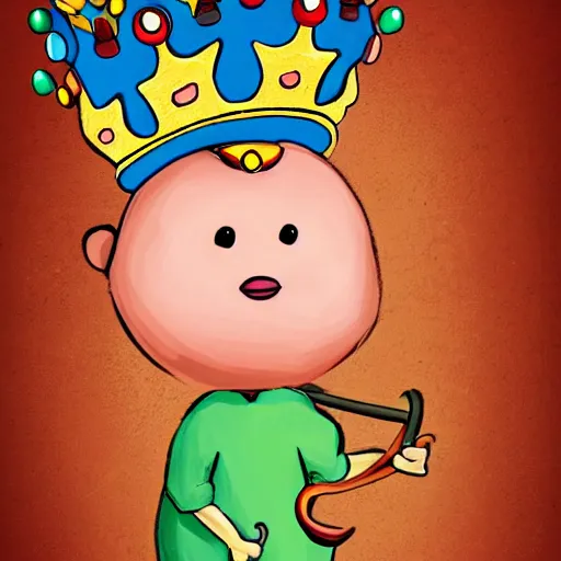 Image similar to kidney bean holding a staff, wearing crown, cartoon character, digital art, fun,