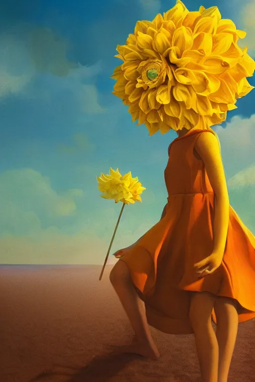 Image similar to closeup girl with huge yellow dahlia flower face, beach, surreal photography, blue sky, sunrise, dramatic light, impressionist painting, digital painting, artstation, simon stalenhag