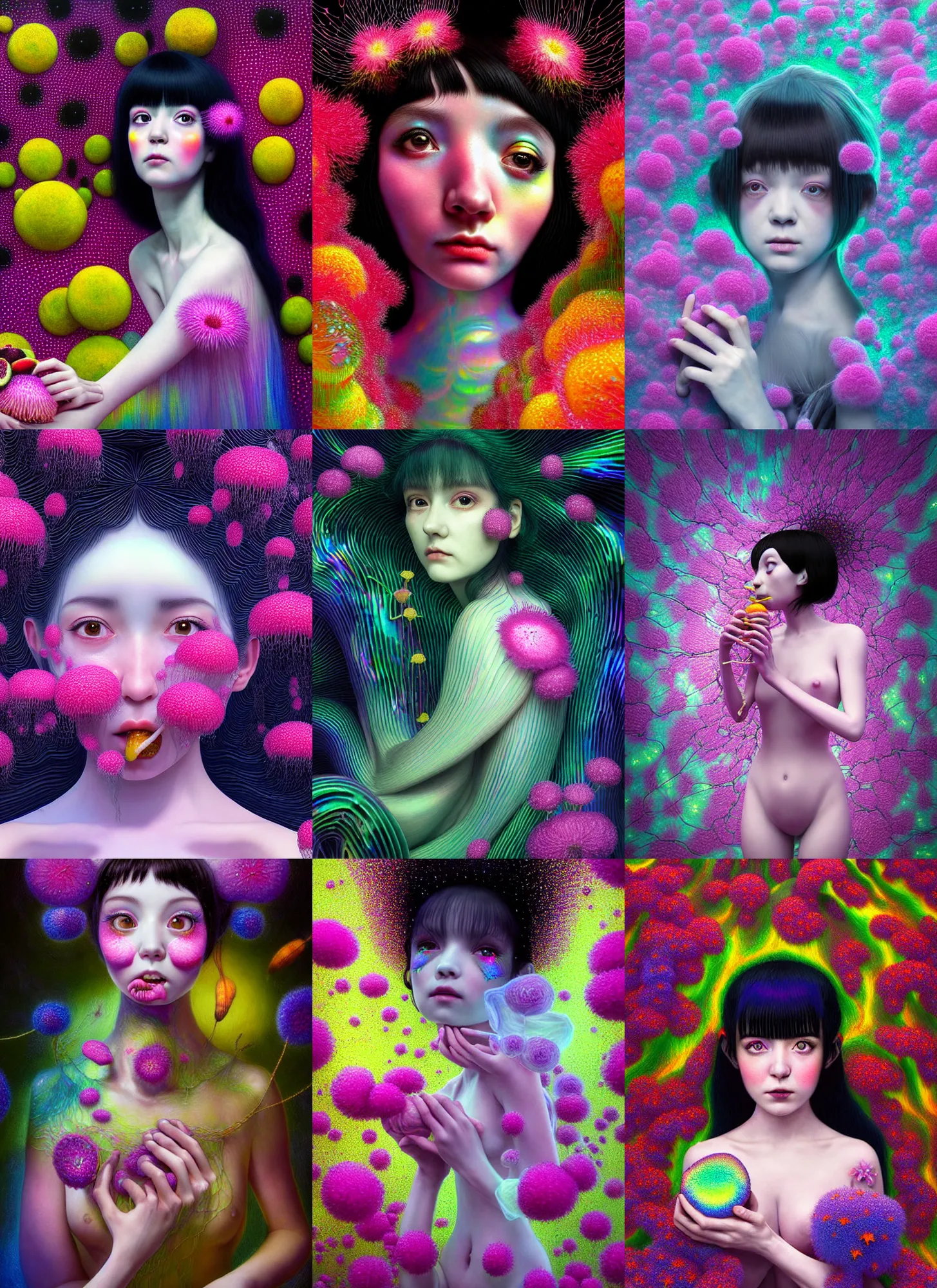 Image similar to hyper detailed 3d render like a Oil painting - kawaii portrait Aurora (black haired Fae) seen Eating of the Strangling network of yellowcake aerochrome and milky Fruit and Her delicate Hands hold of gossamer polyp blossoms bring iridescent fungal flowers whose spores black the foolish stars by Jacek Yerka, Mariusz Lewandowski, Houdini algorithmic generative render, Abstract brush strokes, Masterpiece, Edward Hopper and James Gilleard, Zdzislaw Beksinski, Mark Ryden, Wolfgang Lettl, hints of Yayoi Kasuma, octane render, 8k