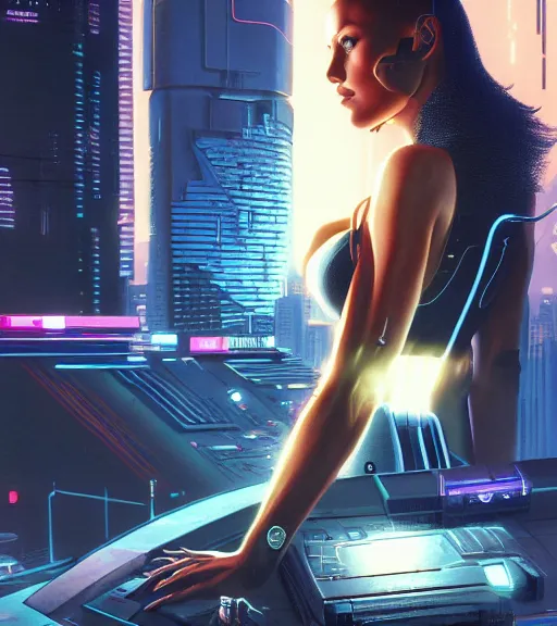 Image similar to cable plugged in, side of head, very very beautiful woman, cyberdeck computer terminal, street level night city, 1 9 7 9 omni magazine cover, style by vincent di fate, artgerm, cyberpunk 2 0 7 7, very coherent, detailed, 4 k resolution, unreal engine, daz