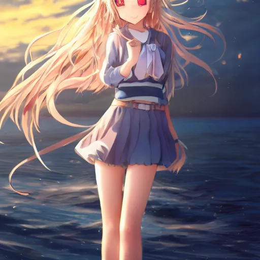 Prompt: a very beautiful anime cute girl, full body, long wavy blond hair, sky blue eyes, full round face, short smile, fancy top, miniskirt, front view, summer lake setting, cinematic lightning, medium shot, mid-shot, highly detailed, trending on Artstation, Unreal Engine 4k, cinematic wallpaper by Stanley Artgerm Lau, WLOP, Rossdraws, and Sakimichan