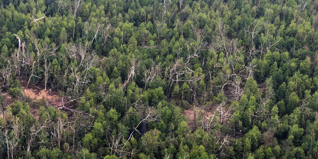 Prompt: future forest attacked by spaceship, broken buildings, star trek, glory war, photograph