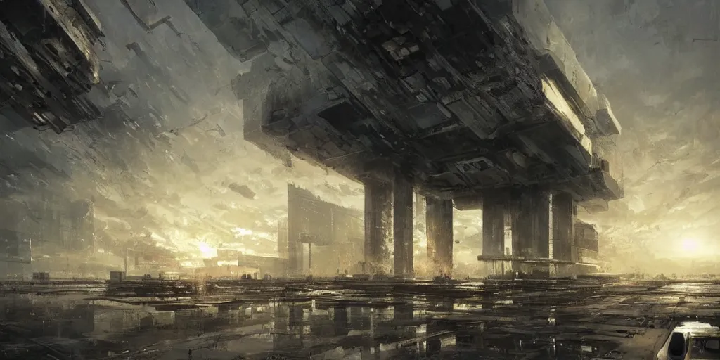 Prompt: brutalist architecture, sun after a storm, ominous evening, crowded airport, taxis, cargo spaceships, crisp, intricate picture by greg rutkowski and craig mullins