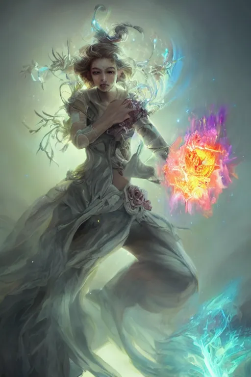 Image similar to beautiful girl necromancer, magical fairy exploding into flowers, angels, 3 d render, hyper - realistic detailed portrait, holding fire and electricity rainbow, ruan jia, wlop. scifi, fantasy, magic the gathering, hyper detailed, octane render, concept art, peter mohrbacher