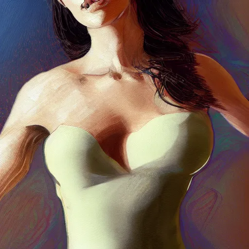 Image similar to a painting of a female in skintight dress. by randolph hewton and edward robert hughes. trending on artstation, highly detailed, volumetric lightning, cinematic lightning