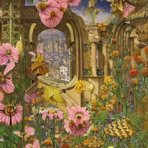 Image similar to hyperrealistic detailed painting of medieval city, with flowers, beetles, bacteria, fish skeletons, fungi, scales, golden filigree, art by ernst haeckel, john william godward, hammershøi, alphons mucha, pontormo, ornamental, decorative, art nouveau pattern, deep pastel colors,