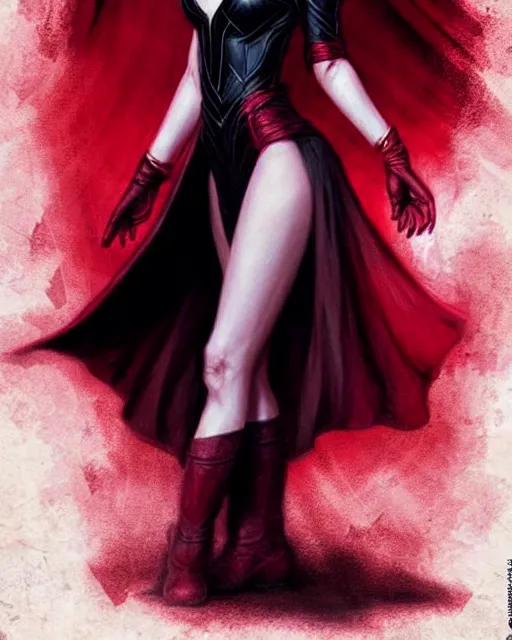 Image similar to Scarlet witch outfit Sarah Michelle Gellar, black magic, realistic character concept, full body, scary pose, comic book, illustration,;cinematic lighting, high resolution, Charlie Bowater, Norman Rockwell, symmetrical eyes, single face, detailed and intricate, beautiful