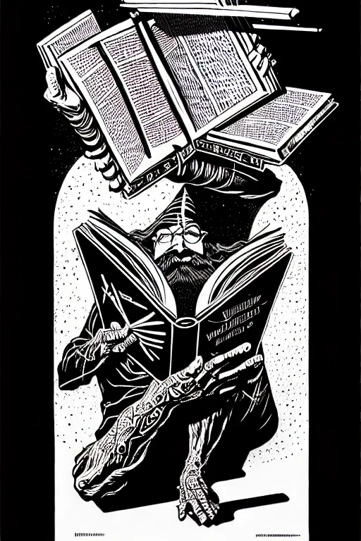 Prompt: wizard reading a book, high details, intricately detailed, by vincent di fate, inking, 3 color screen print, masterpiece, trending on artstation,, sharp, details, hyper - detailed, hd, 4 k, 8 k