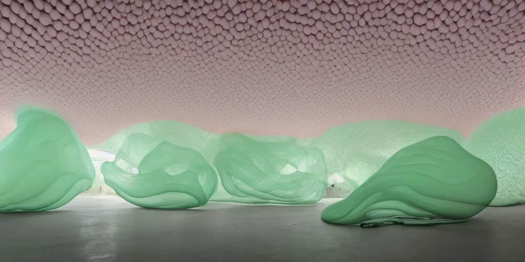 Image similar to soft biomorphic inflated translucent latex structures by ernesto neto, light - mint with light - pink color, 4 k, insanely quality, highly detailed,