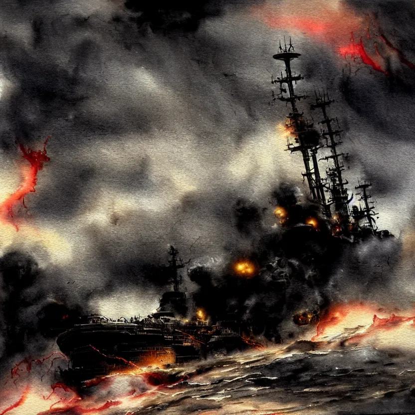Prompt: a turbulent scene of a steampunk battleship wailing through a torrid volume of gaseous black smoke with lightning striking at will. cinematic effect, watercolor painting, overcast effect, chaos.