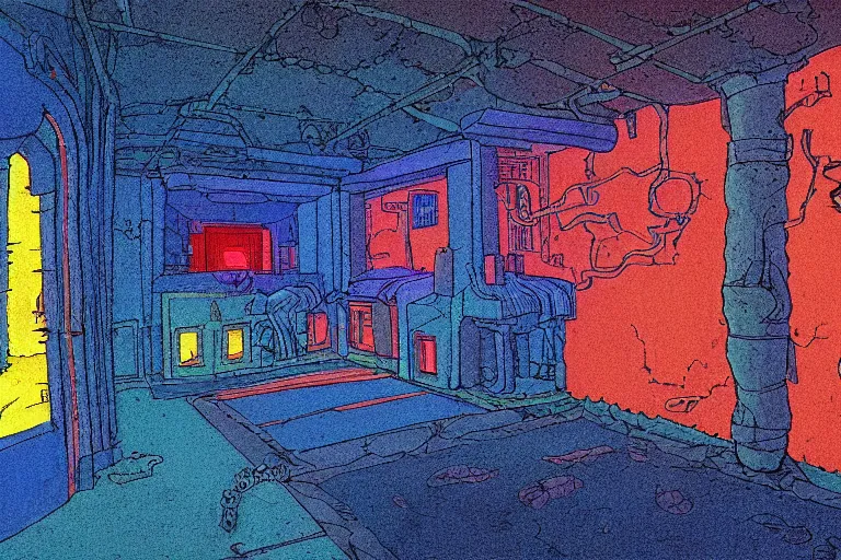 Prompt: ONE POINT PERSPECTIVE DUNGEON ROOM, painted by Edward Gorey and Moebius and Greg Rutkowski and Paul Wenzel and George Barr and Stephen Youll,trending on artstation, iridescent cool blue and cyan and red and blue and yellow and green lighting front view futuresynth , outrun , vibrant colors, Sabattier filter , Watercolor