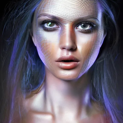 Image similar to half - electric striking woman, complex and hyperdetailed technical, rays and dispersion of light, noise film photo, cute - fine - face, pretty face, oil slick hair, realistic shaded perfect face, extremely fine details, realistic shaded lighting, dynamic background, artgerm, 8 k ultra realistic, highly detailed, michael whelan