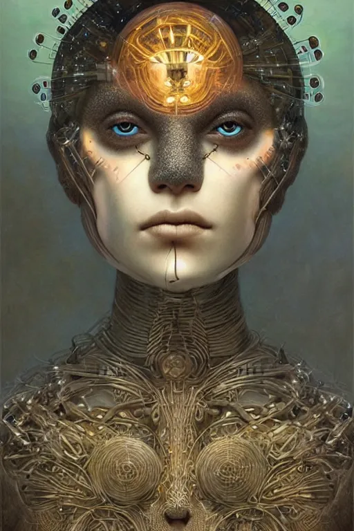 Prompt: humanoid robot, bioluminescent mushrooms skin, highly detailed, expressive eyes, beautiful symmetric body, perfect proportions, highly intricate, art by tom bagshaw and alex gray