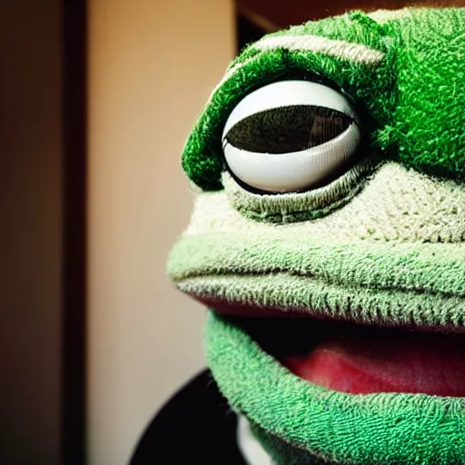 Image similar to closeup potrait of happy pepe frog In a cozy room, natural light, sharp, detailed face, magazine, press, photo, Steve McCurry, David Lazar, Canon, Nikon, focus