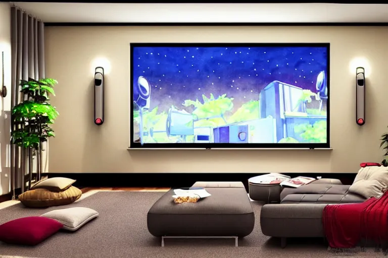 Prompt: very wide view of a modern home movie theater with giant projector screen!!, detailed art deco decoration!!, wall lights, plant, popcorn machine, watercolor painting trending on artstation