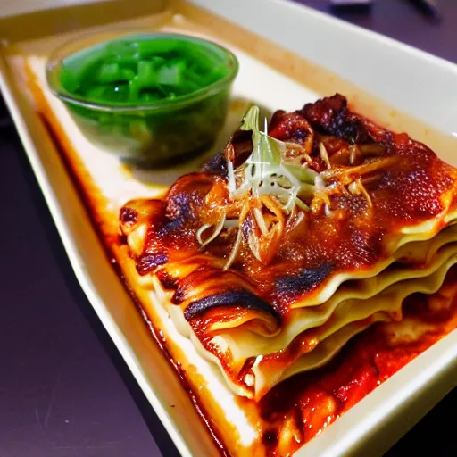 Image similar to japanese fusion cuisine, yakitori lasagna