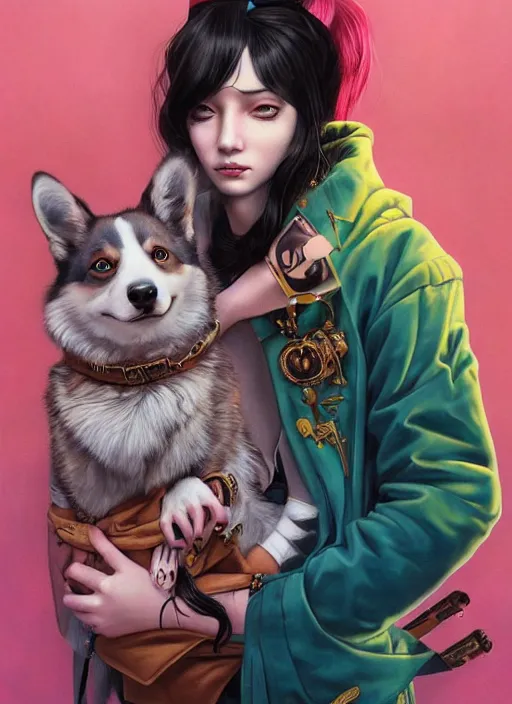 Prompt: beautiful portrait painting of a young attractive fantasy lofi cyberpunk princess and her corgi assassin king, by Afarin Sajedi, Alessandro Barbucci, Alex Gross, Shin Jeongho, Shohei Otomo. trending on Artstation, 8k, masterpiece, face enhance, graffiti paint, fine detail, full of color, intricate detail, golden ratio illustration