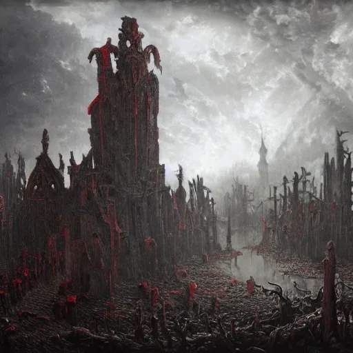 Prompt: an ominous nightmare of a river of blood spreading death and tarnation over a tarninshed graveyard in ruins, gothic, castelvania, decay and destruction, by stephen gammel, franz sedlacek, gustave dore, fromsoftware, matte painting, super wide angle, aerial photography, trending on artstation, epic masterpiece,