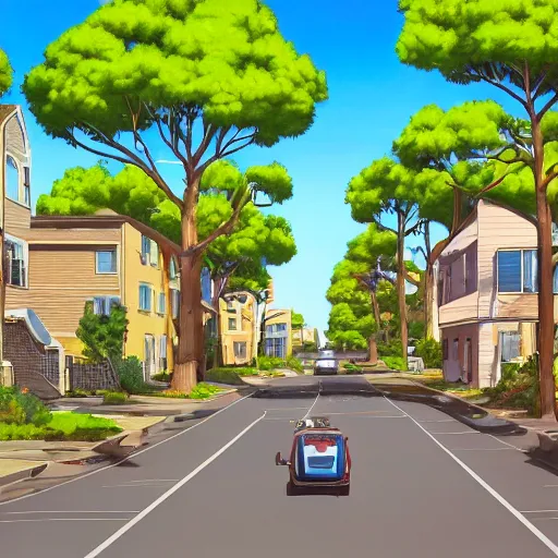 Image similar to neighborhood street, uptown street, golden hour, golden sunshine, trees over road, shining sun in distance, trees, juniper trees, oak trees, cars parked in street, long street, distance, cel - shaded, raytracing, cel - shading, toon - shading, 2 0 0 1 anime, flcl, jet set radio future, drawn by artgerm