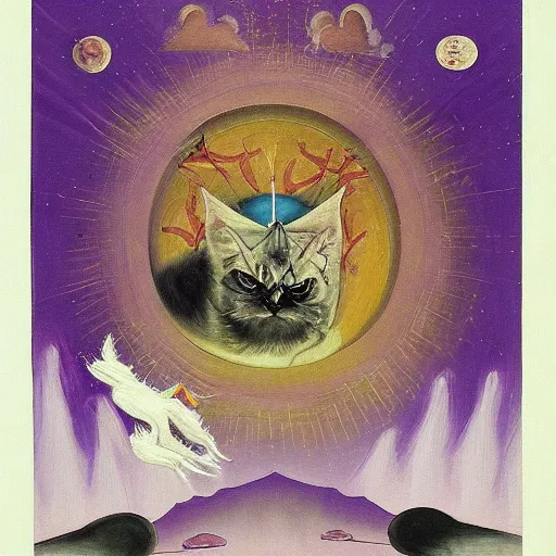 Prompt: bosch painting apocalyptic of a flying cat god in purple flames