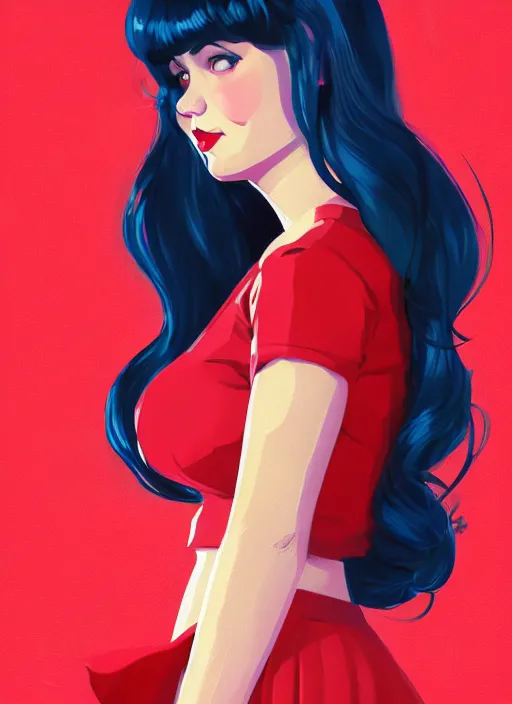 Image similar to full body portrait of teenage veronica lodge, obese, bangs, sultry, realistic, sultry smirk, wavy hair, red skirt, fat, belly, intricate, elegant, glowing lights, highly detailed, digital painting, artstation, concept art, smooth, sharp focus, illustration, art by wlop, mars ravelo and greg rutkowski