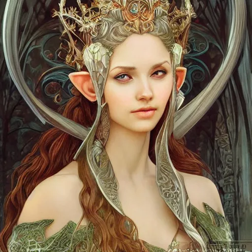 Image similar to a oil painting of a elven queen, cute, fantasy, intricate, elegant, highly detailed, centered, digital painting, artstation, concept art, smooth, sharp focus, illustration, art by artgerm and h r giger and alphonse mucha