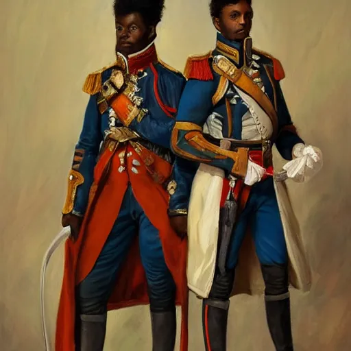 Prompt: portrait of napoloen bonaparte and toussaint l'ouverture standing proudly shoulder to shoulder, painting by rose roosendaal, trending on artstation