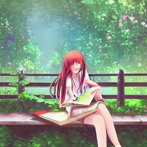 Image similar to advanced digital art. A beautiful girl is sitting on a bench reading in an abandoned train station overgrown with vines and flowers. Digital Anime painting. Sakimichan, WLOP, RossDraws, pixivs, Makoto Shinkai. —H 2160