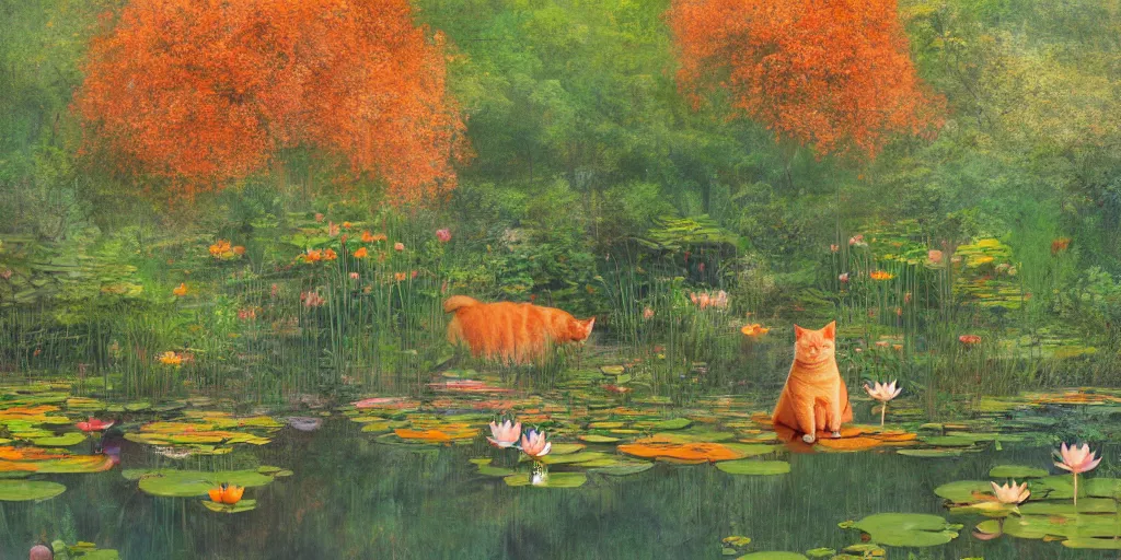 Prompt: a fat orange cat near a mirror like pond, by alan lee, colorful clothing, springtime flowers and foliage in full bloom, lotus flowers on the water, dark foggy forest background, sunlight filtering through the trees, digital art, art station.