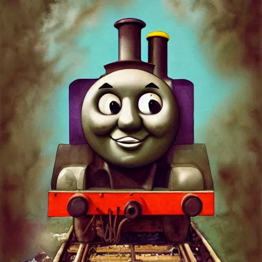 Image similar to watercolor cartoon grunge portrait of happy Thomas the tank engine. intricate abstract. intricate artwork. Joy, Happiness, by zdzisław Beksiński, wlop, dan mumford , trending on artstation, Greg rutkowski very coherent symmetrical artwork. cinematic, hyper realism, high detail, octane render, 8k