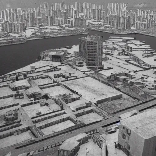 Image similar to brutalist city, prison city, totalitarian prison island, hashima island, wide roads, wide avenues, wide spaces, rundown buildings, military buildings, prison complex, colorized super 8 mm photo