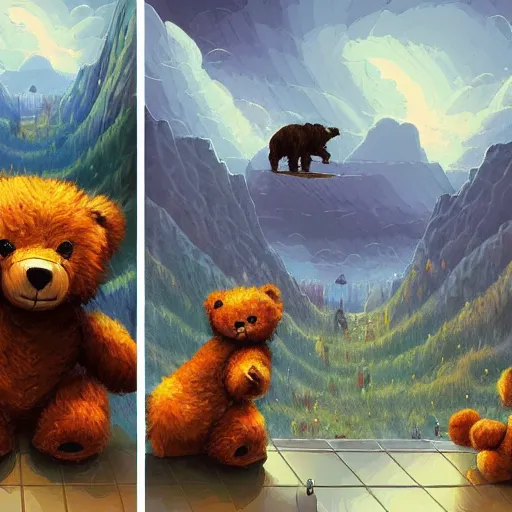 Image similar to a paint of dan mumford, of a robotic teddy bear painting a picture of a cute bear, in the background an apocalyptic panorama, artstation