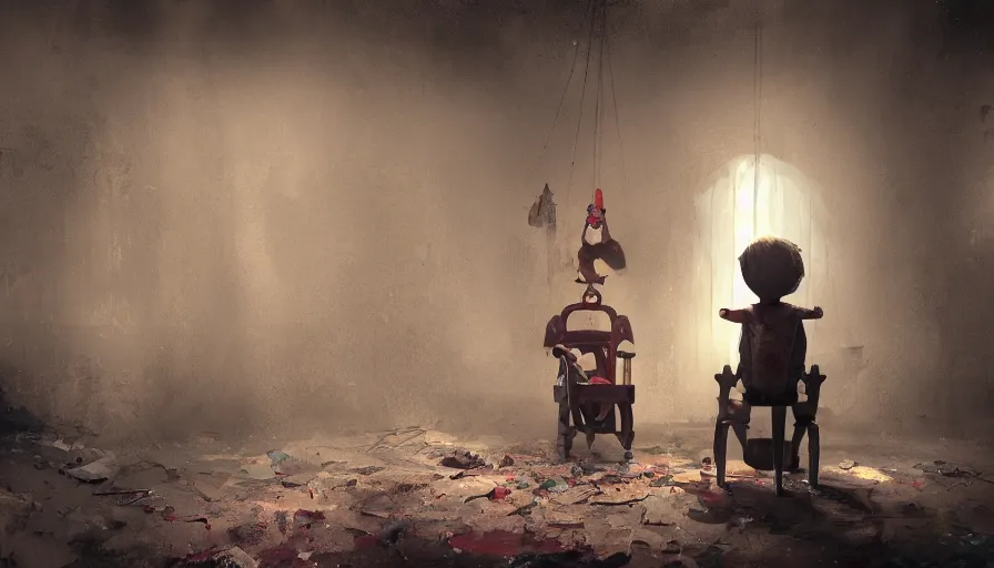 Prompt: dusty abandoned creepy circus with lonely puppet sit on a chair in the dark, hyperdetailed, artstation, cgsociety, 8 k