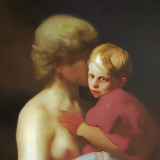 Prompt: a painting of Princess Diana devouring Prince William, saturn devouring his son, by Francisco Goya, moody, old masters, chiaroscuro, artstation
