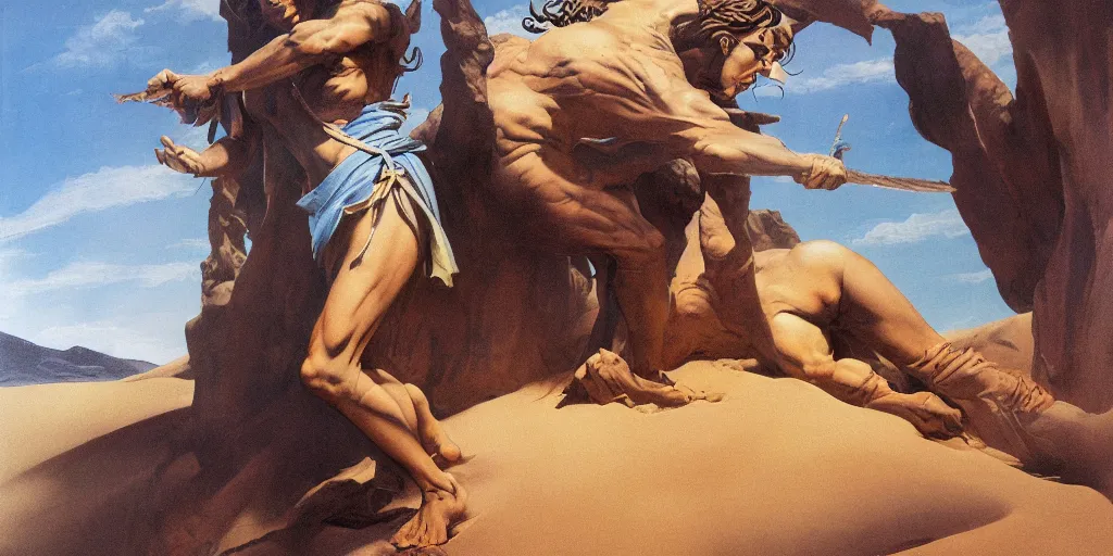 Image similar to pilgrimage journey of Sand Deity in the style of Frank Frazetta, Jeff Easley, Caravaggio, extremely clear and coherent, clear lines, 8K resolution