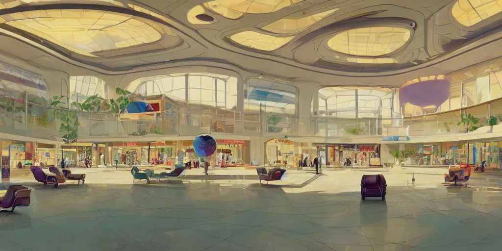 Image similar to a beautiful illustration of futuristic mall, lots of furniture, sofa, waiting room, big medium small, sacred geometry, golden ratio, in watercolor gouache detailed paintings, in style of syd mead, trending on artstation, 8 k, panel, hard surface, wallpaper, zaha hadid, scattered props, plant, cozy, decoration, simon stalenhag, wes anderson