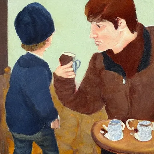 Image similar to little boy drinking hot chocolate and looking at his father wallet he hold in hand. in the background the father looking for his wallet. painting.