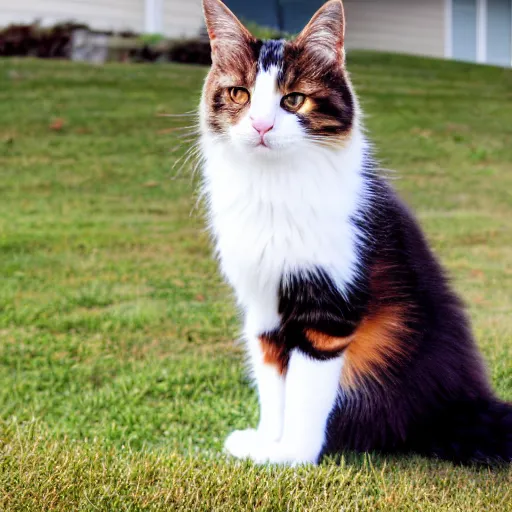 Image similar to a fluffy cute calico cat sitting on the corner of a front yard outside in the late afternoon on a beautiful summer day, sunset