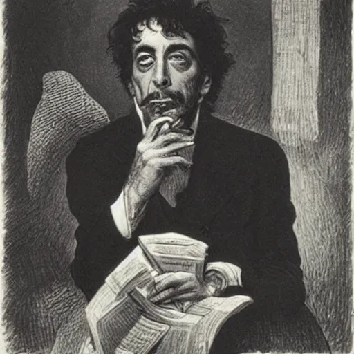 Image similar to Al pacino smoking a cigar, by gustave dore and william blake