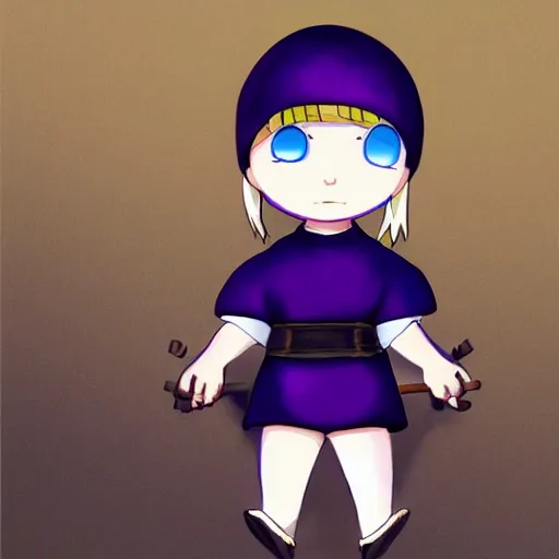 Image similar to little boy wearing nun outfit, blonde hair, blue eyes. purple and black color palate, detailed soft painting, made in abyss art style, inspired in hirohiko araki, anatomically correct