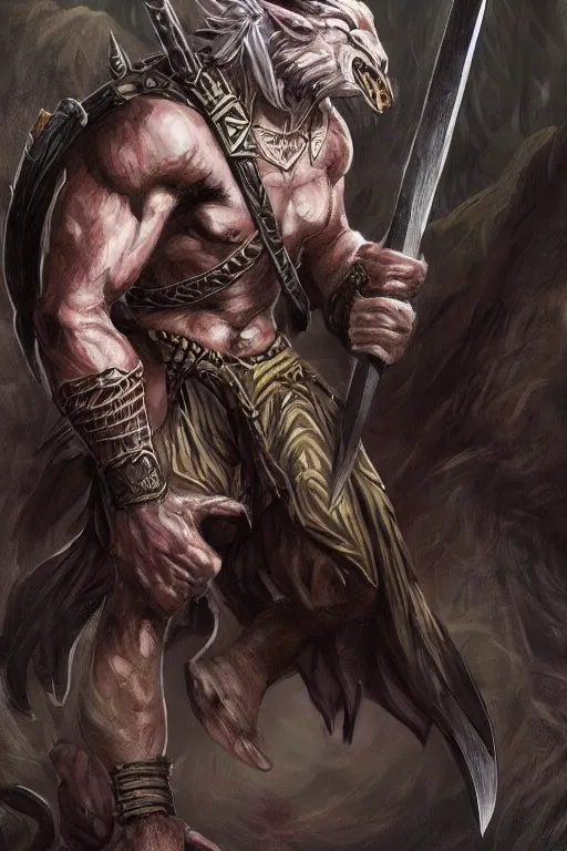 Prompt: magic the gathering style card of savage brute human - rat - snake fantasy warrior beast holding a huge axe, concept art, beautiful illustration