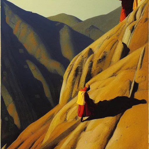 Prompt: sienna portrait of the astute monk crimson and sienna robe ascending the mountain to the monastery paro taktsang jamie wyeth james gilleard edward hopper oil painting