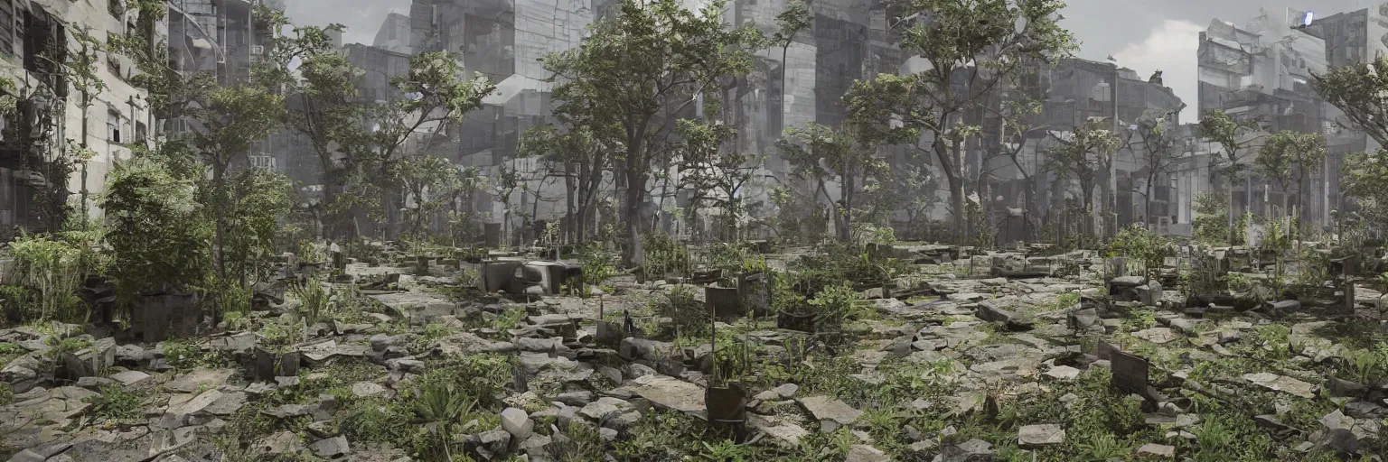 Prompt: “overgrown concrete abandoned city landscape, plants growing on buildings, unreal engine 5, raytracing, 8k”