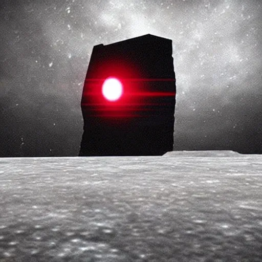 Image similar to “Hal 9000 spaceship approaching a monolith on the moon surface cinematic still realistic capture”