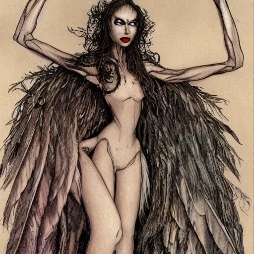 Image similar to detailed illustration of attractive humanoid alien species with beautiful human female face, female human torso, dark fae, black feathers instead of hair, feathers growing out of skin, wings growing out of arms, transformation, floating in zero gravity on starship, brian froud, tim burton, guillermo del toro, science fiction