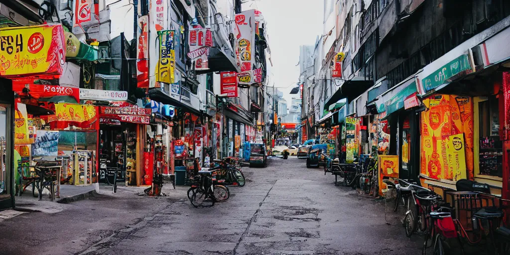 Image similar to City Street, Intersection, Storefront, alleyway, beer advertisement, bicycle in background, chairs, table, city street lights, clumps of bananas, colored light, colorful umbrella, convenience store, dark blue sky, dingy city street, exiting store, getting groceries, hilly road, Korean writing, looking down street, moped, raining, smoking outside, tan suit, wet road, wet street, white shoes, wires hanging above street, wires in background, very high quality photography, dusk, cinematic, city colors.