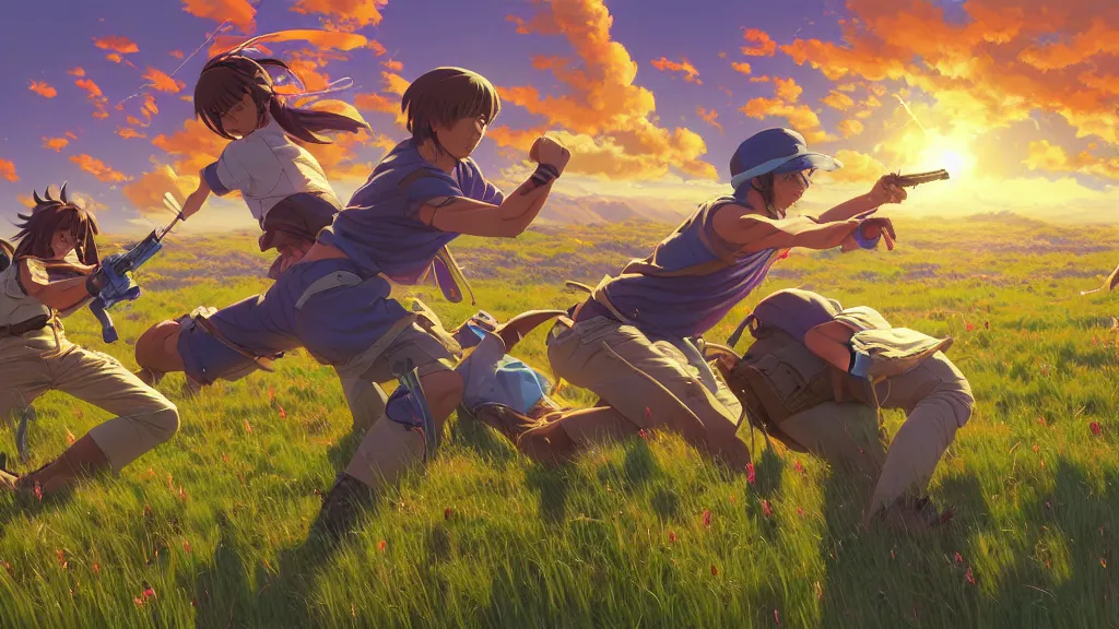 Image similar to highly detailed comic spread combination of art styles depicting an impactful action scene on open meadow clear sky with expert design fictional characters, bright colors, high color saturation, dynamic art by sakimi, moebius, makoto shinkai, murata, james jean, craig mullins, digital painting, masterpiece, best selling, pixiv, volumetric lighting, realistic shaded lighting